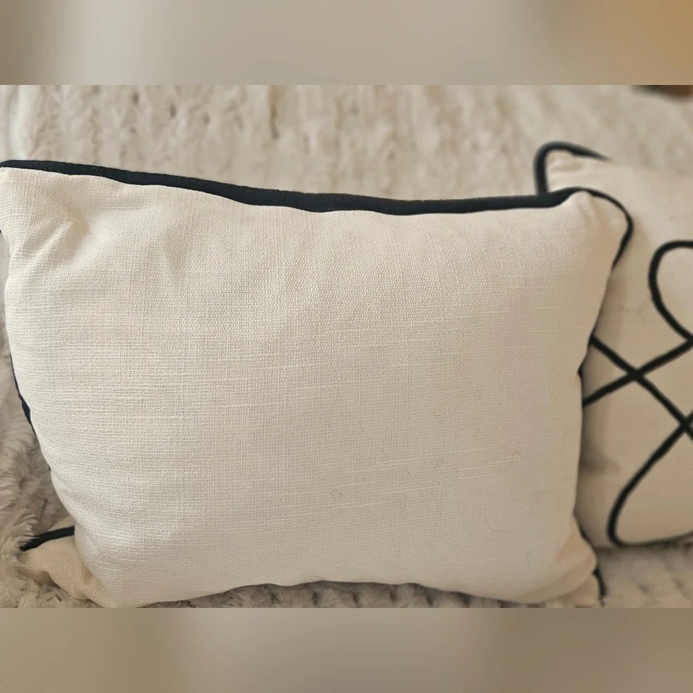 Set Of Two Ivory & Black Luxury Down Filled Pillows Beautiful Set 14 X 8